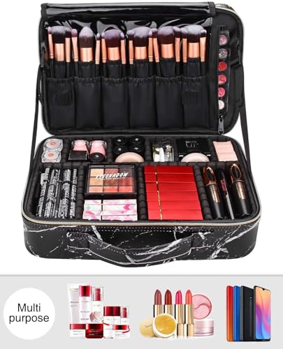 Image of Professional Cosmetic Bag, Makeup Organizer Bag for Home & Travel Vanity Bag, Makeup Train Case, Adjustable Brush Dividers, Shoulder Strap, Cosmetic Organizer (Black Marble) (34x23x12 cm)