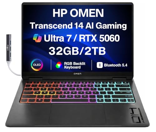 Image of HP OMEN Transcend 14 AI Gaming Laptop 14.0 inch 120Hz 3K OLED 500 nits Display (Intel Ultra 7-255H, GeForce RTX 5060 8GB, 32GB LPDDR5X, 2TB SSD, RGB KB, Thunderbolt 4, Win11Home) w /DKZ USB Port Expander