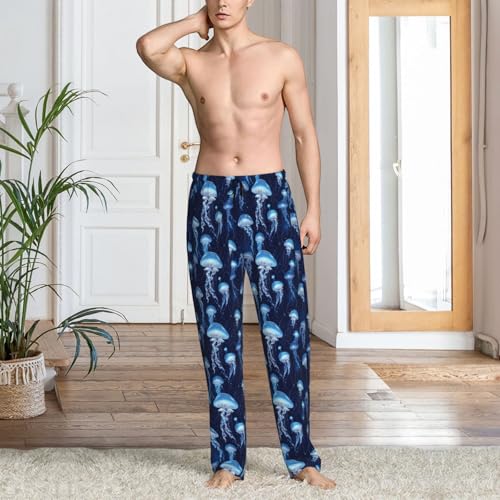 Mens Pajama Pants - Blue Jellyfish Print Soft Sleep Lounge Pants For Men, Casual Pj Bottoms With Pockets2