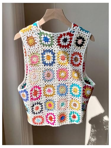 GORGLITTER Women's Boho Crochet Tie Front Sweater Vest Hollow Out Sleeveless Floral V Neck Knit Tops2