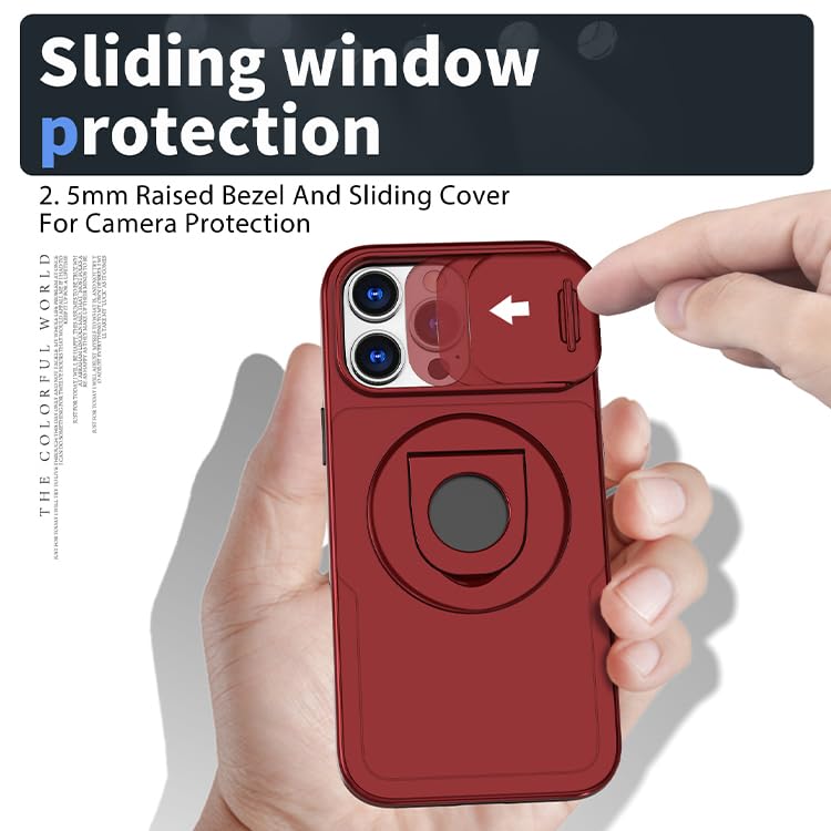 Image of LuxuryKase MagSafe Shockproof Rugged Back Case for iPhone 16 Pro | Finger Ring Kickstand & Sliding Camera Cover | Military Drop Protection | Wireless Charging Support - Red