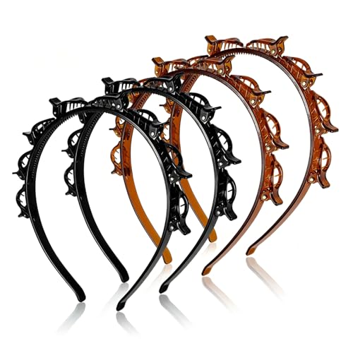 Hanyousheng 4 Stück Haarreif mit Klammern Haarband mit Clips Damen Haarreifen Schwarz Braun flexibles PC Material Kopfband mit Clips für Frisuren