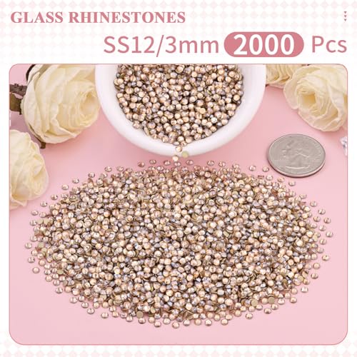 Image of 2000PCS SS12 /3mm Crystal Glass Rhinestones for Bedazzling (Golden Shadow) | Flatback Rhinestones for Crafting DIY Nail Art Makeup Decoration, Gems Diomand Charms for Tumbler Shoes Clothing Mug