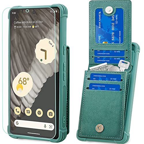 VANAVAGY Compatible for Google Pixel 7 Pro Wallet Case for Women and Men,Leather Magnetic Clasp Flip Folio Phone Cover with Credit Card Holder and Coin Pocket,Forest Green