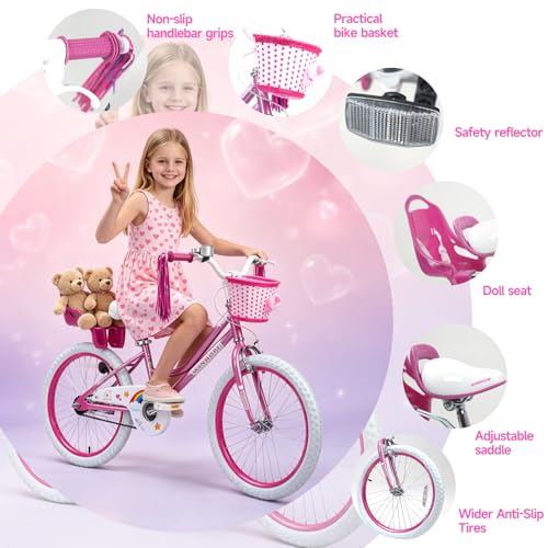 Image of WinHope Girls Bike with Doll Seat, 12 14 16 18 20 Inch Kids Bike for 2-12 | Dual Brake with Training Wheels / Kickstand & Streamers Birthday Gift for Toddler Outdoor Riding, Multiple Colors