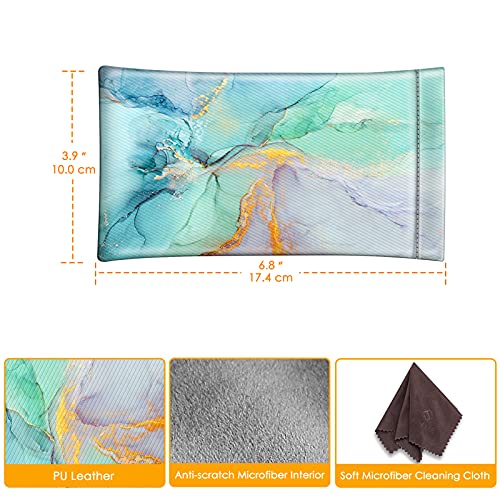 Fintie [2 Pack] Eyeglasses Pouch With Cleaning Cloth, Portable Squeeze Top Leather Glasses Case Sunglasses Bag, Emerald Marble + Blooming Hibiscus #TOP1