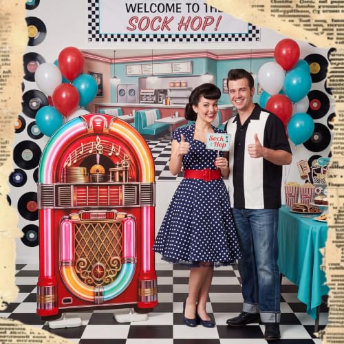 Image of Qunclay 4.5ft Box Cardboard Cutout 1950s Party Decoration Life Size Retro Rock and Roll Photo Booth Prop Stand up 3D Display Backdrop Retro Music Decor for 50s Sock Hop Birthday Party