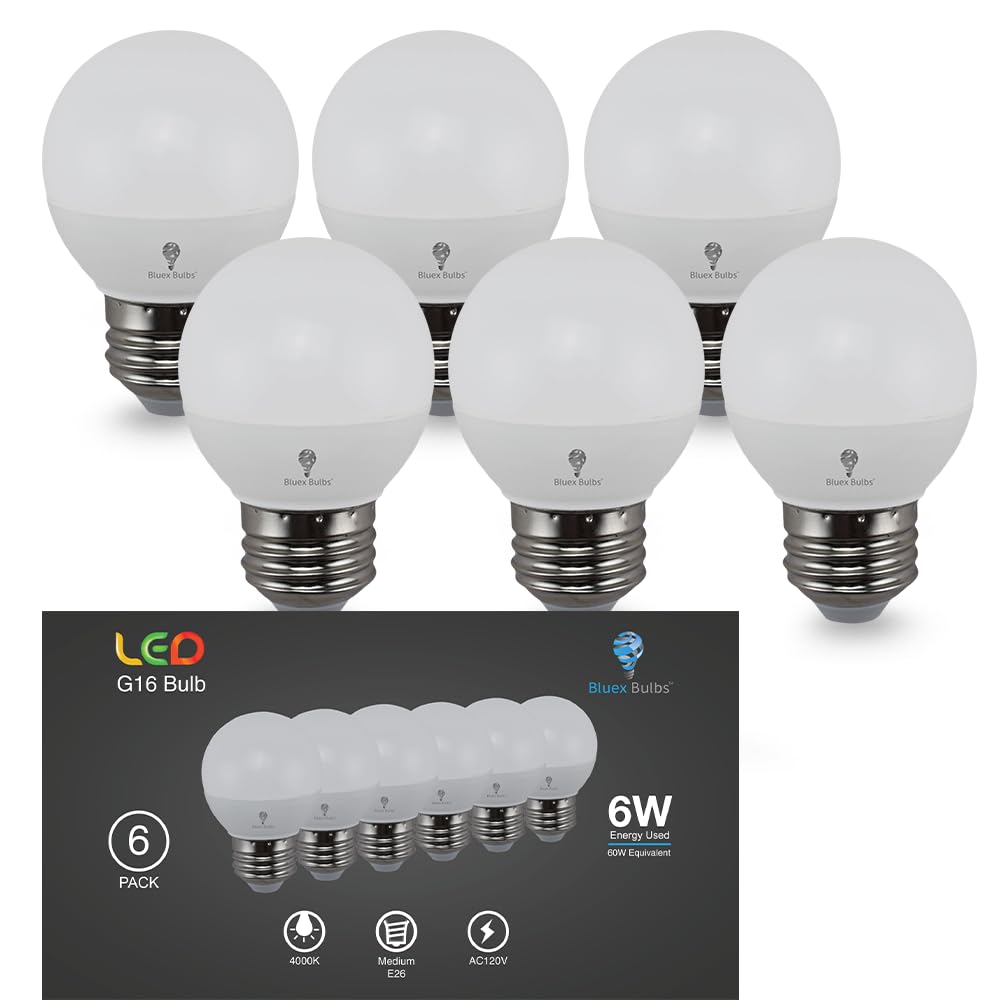 Bluex Bulbs 6 Pack G16 LED Light Bulbs - 6W 550 Lumens 4000K Cool