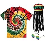 Boyiee Rasta Music Costumes Kit, 3 Pcs, Reggae Hat with Black Dreadlocks, Tie Dye T Shirt, Sunglasses, Jamaican Costume Kit (S)