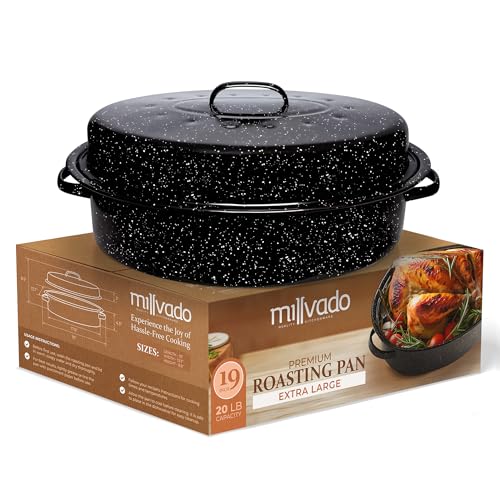 Comparison: Best Blue Speckled Roasting Pan 11 Millvado Roasting Pan With Lid, Thanksgiving Turkey Roaster Pan, Extra Large 20 lb Capacity, 19" Granite Oven Roaster Oval Shaped Speckled Enamel on Steel Cookware,for Roasting Turkey, Chicken, Lamb