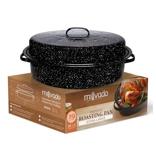 Millvado Roasting Pan With Lid, Thanksgiving Turkey Roaster Pan, Extra Large 20 lb Capacity, 19" Granite Oven Roaster Oval Shaped Speckled Enamel on Steel Cookware