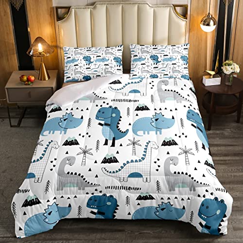 Erosebridal Dinosaur Kids Comforter Set Cute Animal Dino Bedding King Size for Boys Girls Toddler Lovely Dinosaur Print Kawaii Bedroom Decor, Blue Dinosaur Decor Duvet Quilts 3 Pcs with 2 Pi