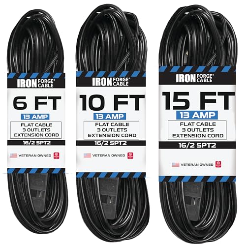 Iron Forge Cable Black Extension Cord with 3 Outlets, 3 Pack of 6ft, 10ft, & 15ft - 16/2 SJTW 2 Prong Indoor Extension Cord with Multiple Outlets