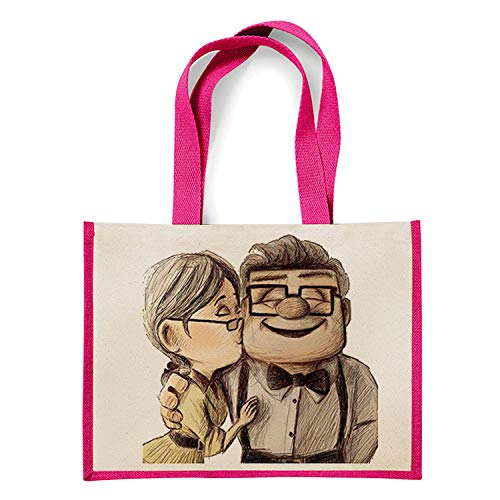 Giftme Carl and Ellie up Birthday Shoulder Bag Shopping Shoppers Jute Bag Unique Reusable Jute Bag for Life. (Pink)