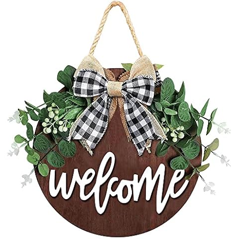 Welcome Wreath for Front Door, 12 inch Welcome Sign Decor for Home, Wooden Door Hanging Sign with Premium Greenery for Front Porch, Restaurant, Spring, Fall Farmhouse Decorations (Brown) Cover