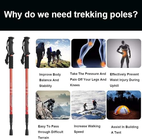 Image of Trekking Poles (2 Pack), Collapsible & Adjustable Hiking Sticks for Men & Women, Lightweight Aluminum Walking Poles with Anti-Shock System & Accessories - for Trekking, Hiking, Walking (Red)