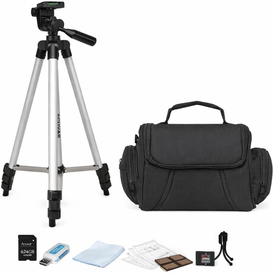 Camera Starter Accessory Kit – 50” Lightweight Tripod & Padded Camera Bag Bundle with 64GB SD Card, Cleaning Kit & Essentials for DSLR Cameras