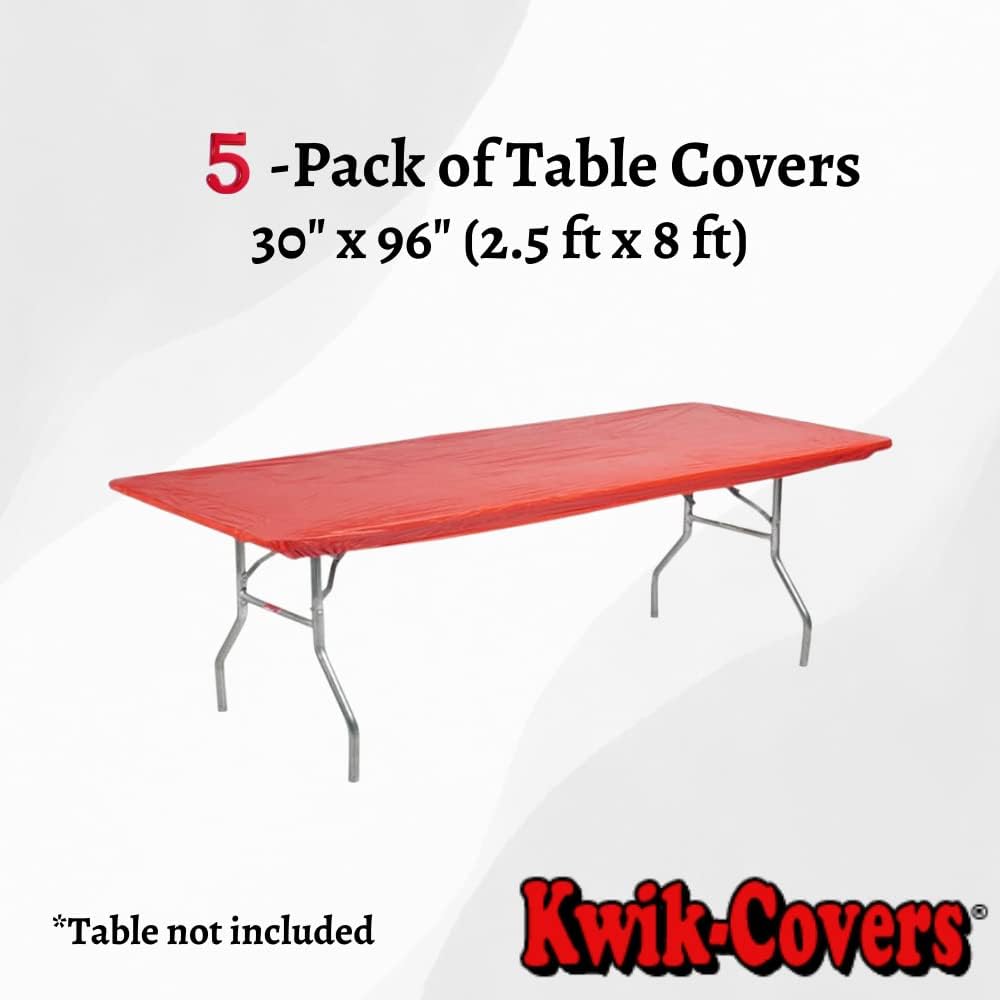 Kwik-Covers Rectangular Plastic Table Covers 8' Bundle of 5 with Seventy (70) Ohm Commerce Paper Napkins - Indoor or Outdoor Fitted Table Covers (Table NOT Included) (30"x 96" Red)
