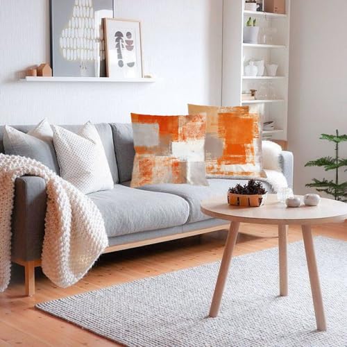 LTDKAEN Orange Geometric Patchwork Cushion Covers 45x45cm Set of 2 Burnt Orange White Home Decorative Linen Throw Pillow Covers for Sofa Bedroom - Image 4