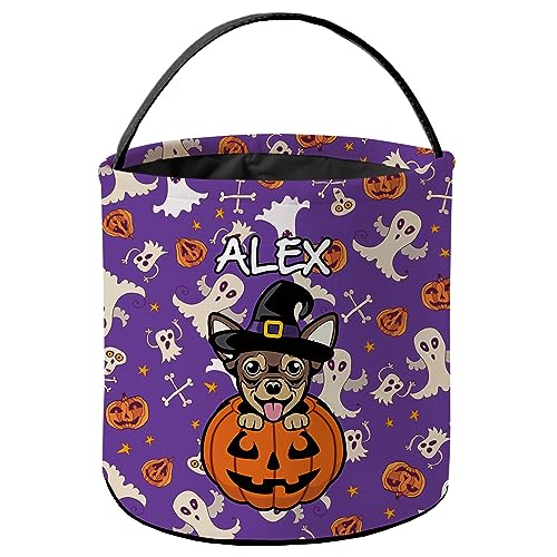 KafePross Personalized Halloween Trick or Treat Bag Smiling Chihuahua Dog Halloween Ghost Pumpkin Decor Basket Candy Gifts Bucket for Kids 9 x 9.8 Inch Purple