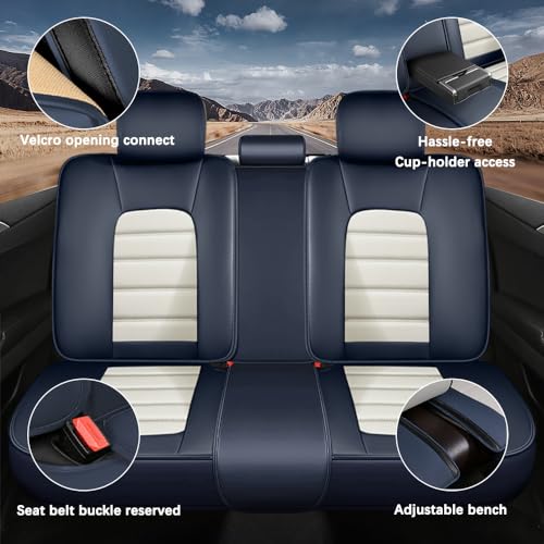 Image of 5 Seat Covers for Hyundai Santa Fe XL 2001-2024,Premium Nappa Leather Car Seat Covers Car Seat Cushions,Waterproof Soft Seat Covers for Cars,Interior Accessories with Airbag（Standard-Blue&White）
