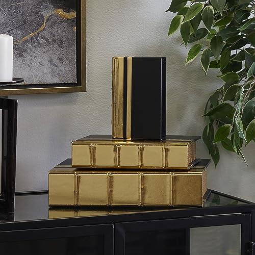 Cosmoliving By Cosmopolitan Faux Leather Faux Book Box With Metallic Finish, Set Of 3 12", 9", 6"H, Gold #TOP4