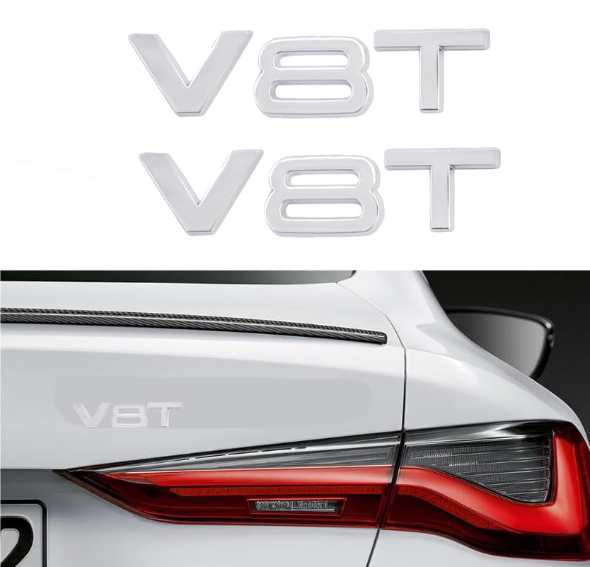 Image of V8T Emblem 3D Metal Badge Car Hood Truck Door Side Rear Trunk Emblem Sticker Decals for RS Sline V8T S3 S4 S5 S6 S7 S8 A4L A5 A6L A3 A4 A7 Q3 Q5 Q7 (Silver)