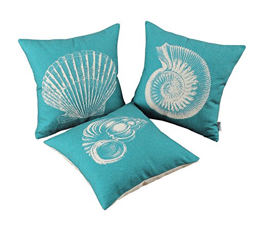 CaliTime Set of 3 Canvas Throw Pillow Covers Cases for Couch Sofa Home Decoration Mediterranean Sea Shells Print 18 X 18 Inches Teal