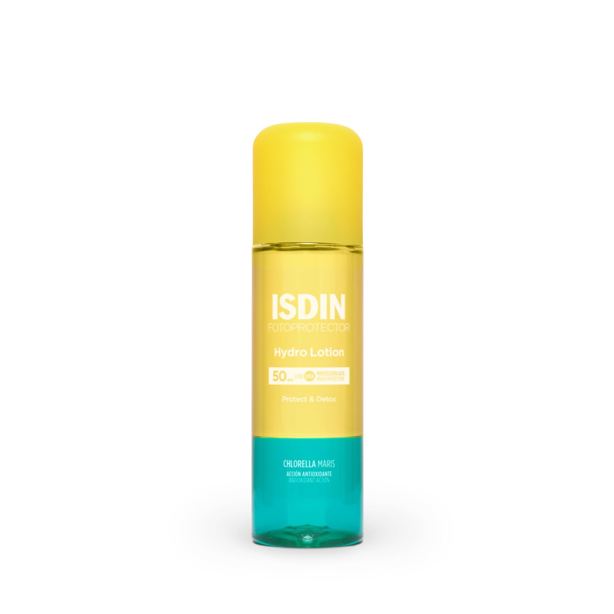 ISDIN HydroLotion SPF 50 - Fotoprotector solar Corporal Bifásico, PROTECT & DETOX, Hidratante, Piel radiante, 200 ml