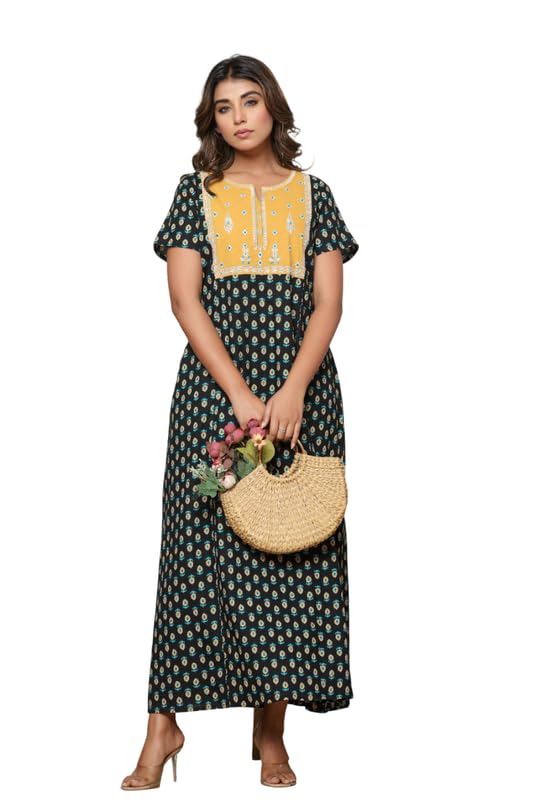 Image of NIHSAMAH Cotton Nighty for Women - Embroidered & Printed Stylish Night Gown, Comfortable Sleepwear Long Nightwear, Maxi