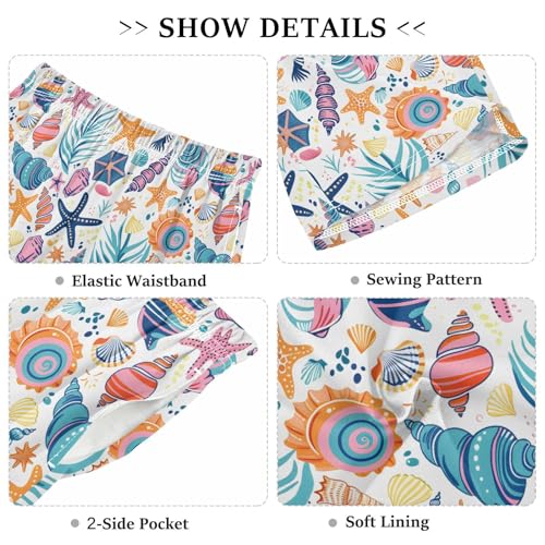 ALAZA Shell Palm Leaves Starfish Cartoon Pajama Shorts Elastic Waist Casual Sleep Shorts with Pockets Size 6-143