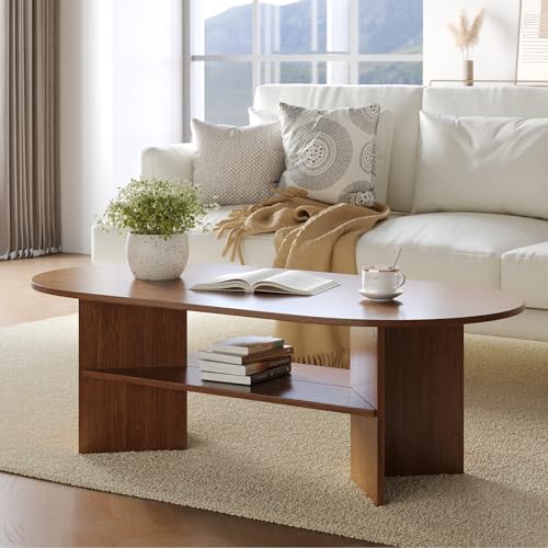 YOUDENOVA Table basse ovale en bois moderne de salon Coffee Table Petit bureau pour salon Noyer 120...