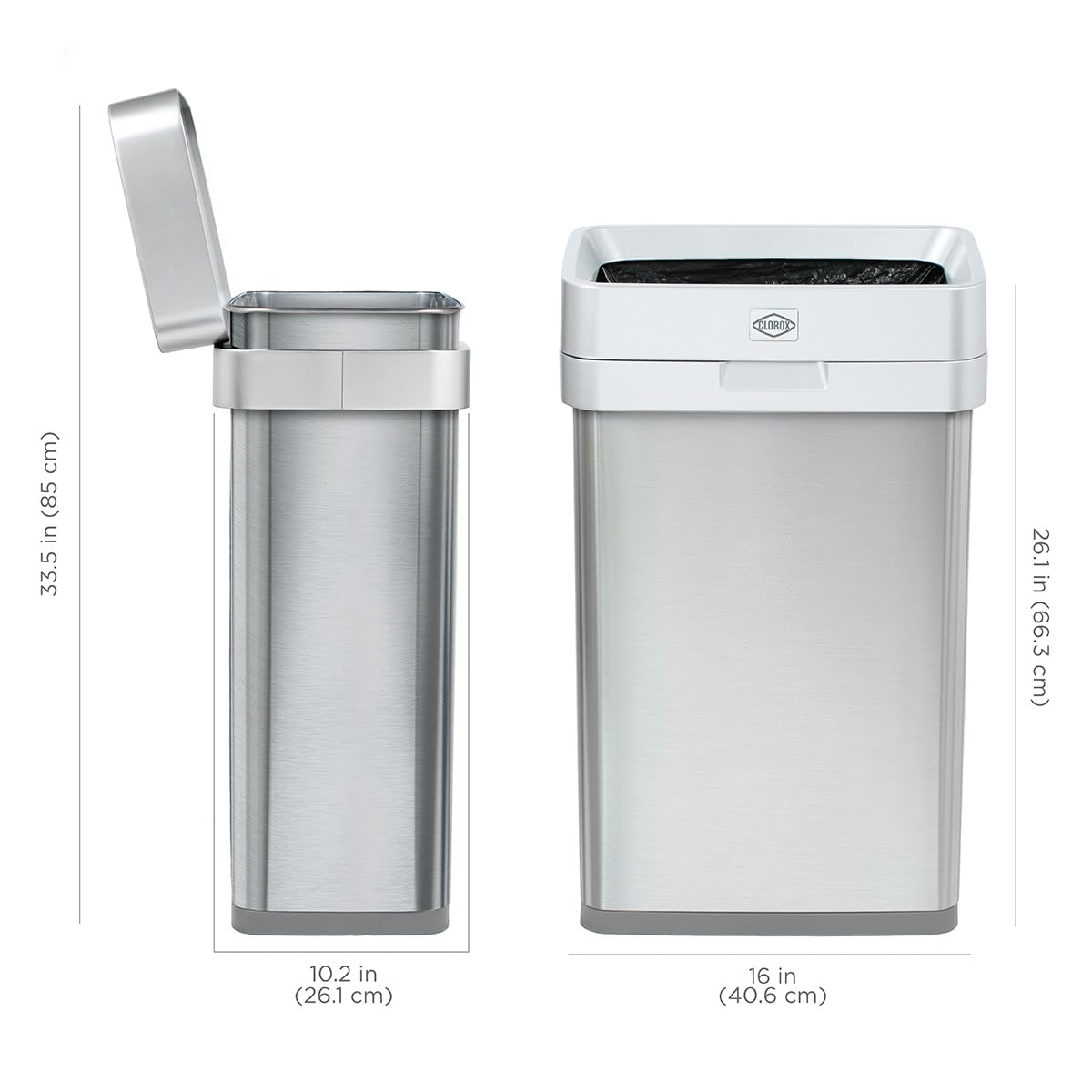 Clorox 13 Gallon Trash Can - 50L Slim Open Top Garbage Bin for Commercial Spaces, Kitchen, Office - Narrow Rectangular Stainless Steel Body with Hinged Rim Protection