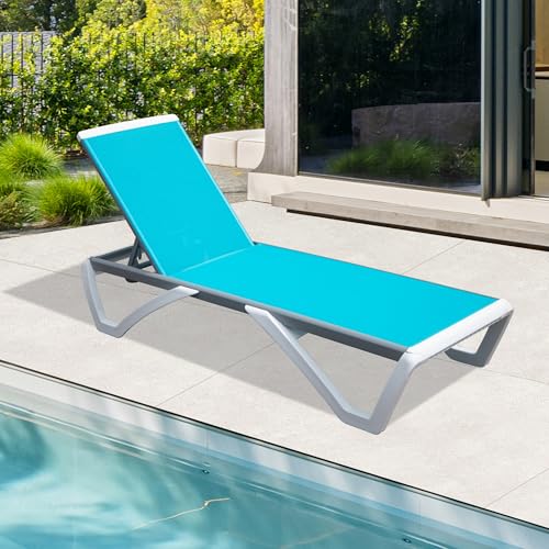Image of Domi Outdoor Lounge Chair, Aluminum Patio Chaise Lounge with 5 Position Adjustable Backrest and Wheels, All Weather Reclining Chair for Patio, Yard, Balcony, Poolside (Lake Blue)