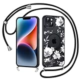Coiwxmoi Magnetische Handyband Handyhülle für iPhone 14/iPhone 13 6,1" Hülle mit Band, Kompatibel mit MagSafe, Aesthetic Blumen Muster Transluzente Case mit Kordel, Matte PC Stoßfest Cover, Schwarz 2