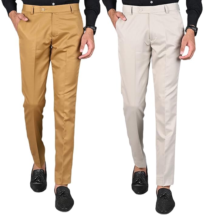 Men's Slim Fit Formal Trousers, Khaki & Cream, Pack of 2-picture-31