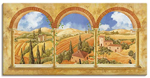 ARTLAND Wanddeko Leinwand Bilder Wandbild 100x50 cm Fensterblick Fenster Toskana Landschaft Italien Torbogen Aussicht S7WW