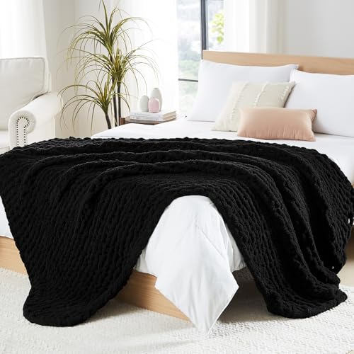 Image of L'AGRATY Chunky Knit Throw Blanket for Couch, 80'' x 90'' Knit Throw, Black