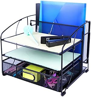 EXERZ Mesh Desk Organiser Office Supplies 3 Trays/Desktop File Holder with Sliding Drawer and Hanging File Holder/Paper sorters/Vertical Upright Section for Office Home Multifunctional (Black New)