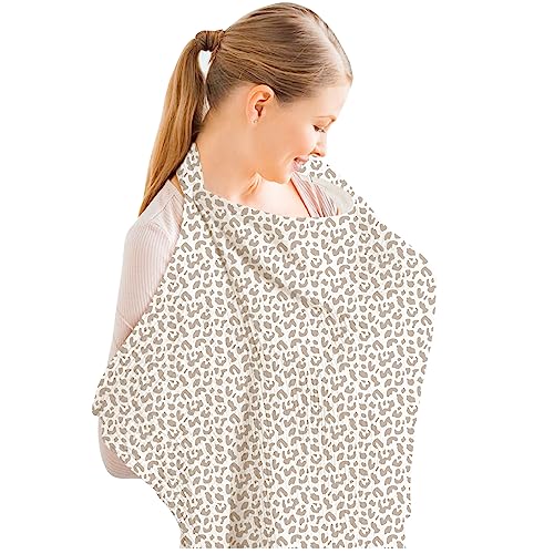 Konssy Muslin Nursing Cover for Baby Breastfeeding, Breathable 100% Cotton Breastfeeding Cover with Rigid Hoop for Mother Nursing Apron, Multi-use Carseat Canopy (Brown Leopard)