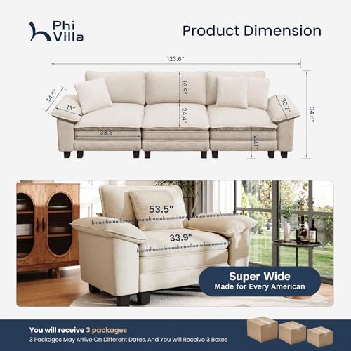 Image of PHI VILLA Modern Modular Couches Sets, 123.6 inch Cloud Sectional Sofa with Upholstered Deep Seat, 3-Seater Couch for Living Room Small Spaces, Chenille Fabric, Beige