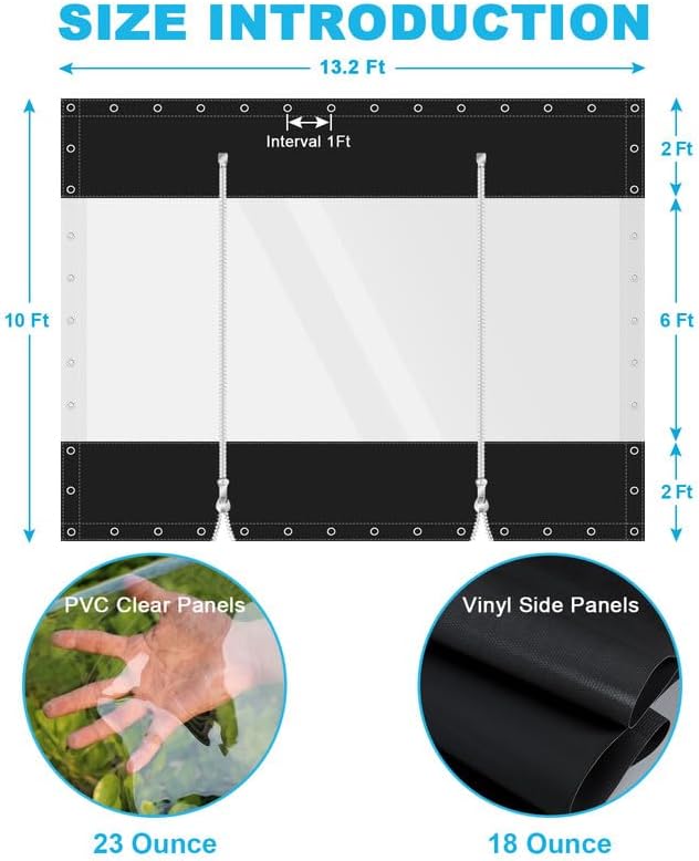 clear vinyl curtains with zippered entry, 23oz heavy duty waterproof anti-uv and tear-resistant tarpaulin with grommets, weatherproof panels for porch, pergola, gazebo, balcony, patio, enclosure black (double zipper) 10'h x 13.2'w