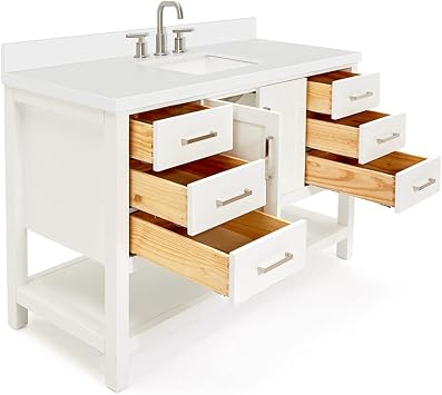 DKB Olivia 54-Inch White Bathroom Vanity, 1.5-Inch Pure White Quartz Countertop & Backsplash, Rectangular Sink, 2 Soft Closing Doors, 6 Full Extension Dovetail Drawers, Open Shelf, Brushed Nickel