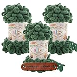 ALIZE Puffy 532 Pine Green Premium Wolle 3 x 100g Bulky Schlaufengarn Fingerstrickgarn kuschelweich für Decken, Kissen und Accessoires Stricken ohne Nadeln mit mySearose Label