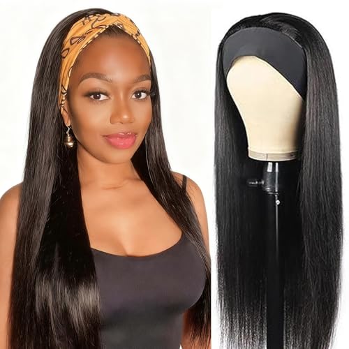 olimaruly Headband Wig Human Hair 20 Inch Straight Headband Wigs 180% Density Glueless Wigs for Black Women Glueless No Lace Front Human Hair Natural Color Brazilian Virgin Hair