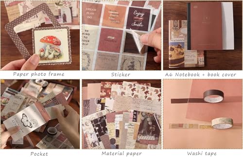 Image of GDNK Scrape Book Kit Scrapbooking Kit Vintage Journal Scrapbook Pack DIY Paper Stickers, Craft Kits Notebook, Collage Album Aesthetic Sticker Journaling Scrapbook Photo Album (Brown)