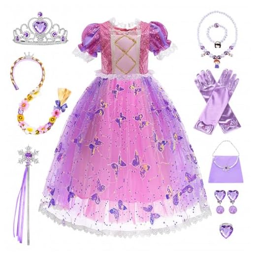 COYBTO Disfraz Princesa Niña, Disfraz Rapunzel Bella Durmiente con Conjuntos de Collar de Corona Princesa, Vestido Princesa Niña, Sofia Rapunzel Disfraz de Princesa para Fiesta Cosplay (Púrpura, 120)