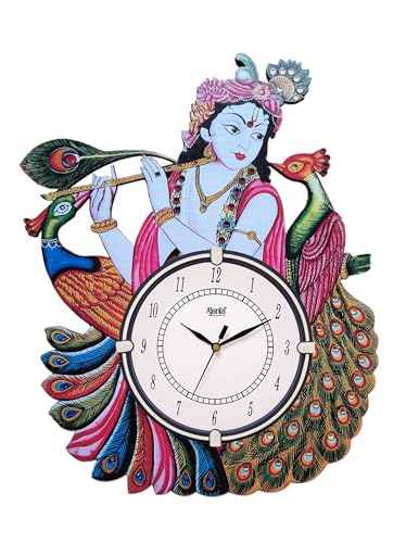 Image of Ajanta Wall Clock Wooden Wall Clock Peacock Krishna Wall Watch(40x31 cm)