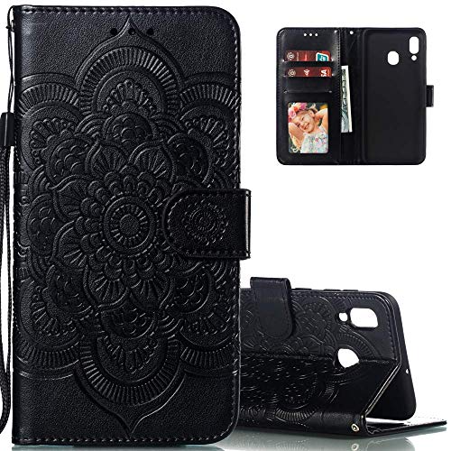 LEECOCO for Galaxy A30 Case Mandala Embossing Luxury PU Leather Flip Notebook Wallet Bookstyle Magnetic Stand Card Slot Folio Bumper Protection Cover for Samsung Galaxy A20 / A30 Mandala Black LD