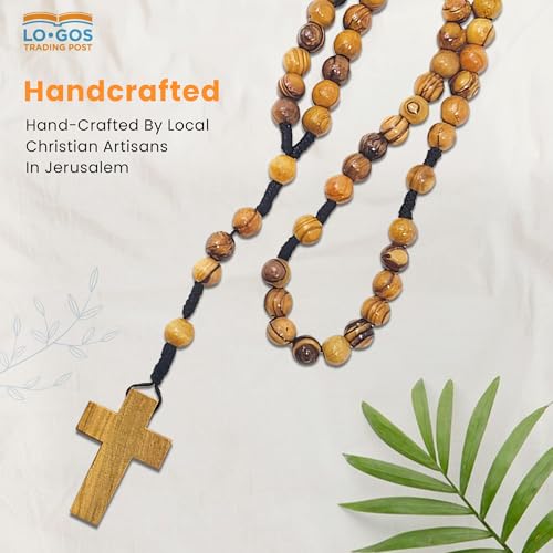 Certified Olive Wood Catholic Rosary Beads from Israel, Wooden Dangling Cross Pendant with Pouch, Large Beads, For Men and Women, Baptism, First Communion, & Confirmation, Rosarios Catolicos
